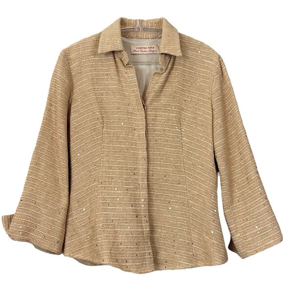 Caryna Nina Haute Couture Sequined Knit Buttoned Lightweight Jacket Tan Size S - Picture 1 of 11